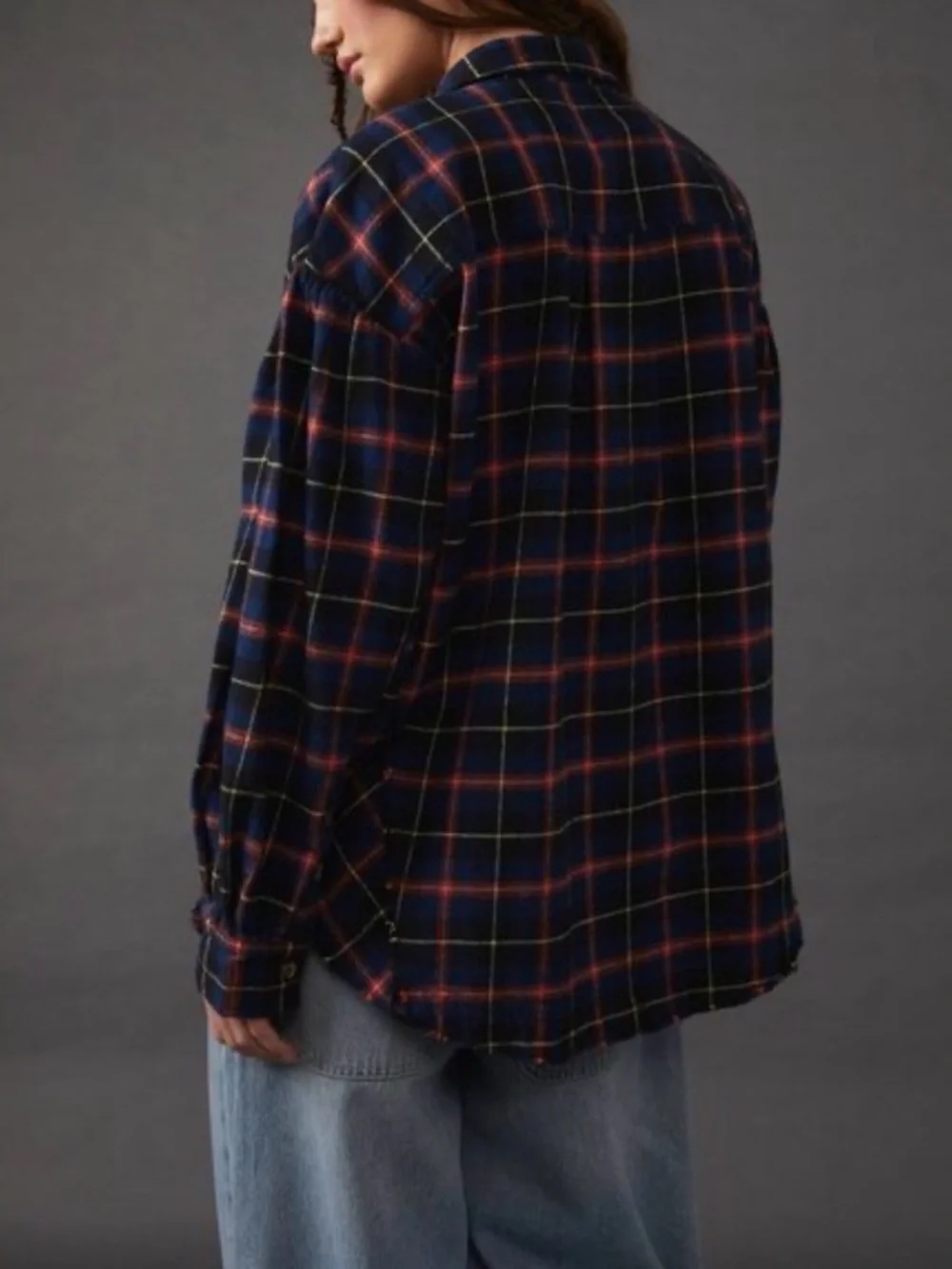 Free People Navy Red Plaid Button-Down Shirt